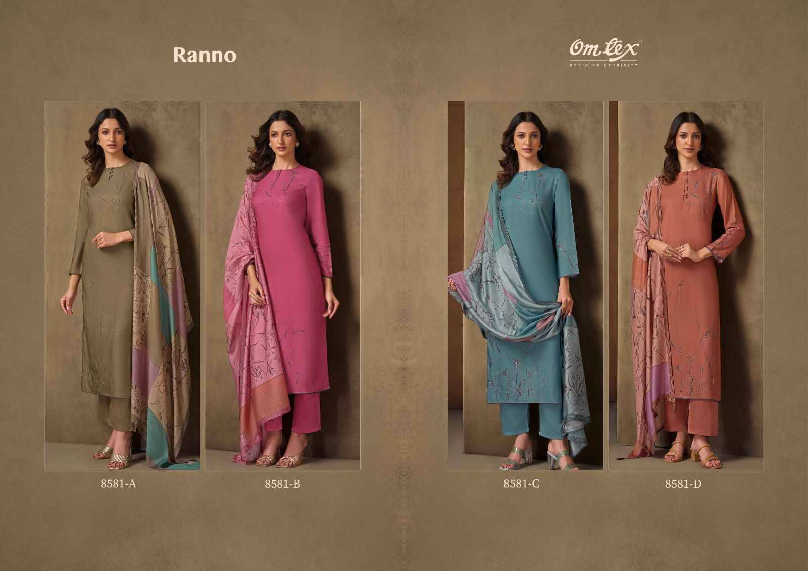 Ranno By Om Tex 8581-A To 8581-D Series Beautiful Festive Suits Colorful Stylish Fancy Casual Wear & Ethnic Wear Pure Pashmina Dresses At Wholesale Price