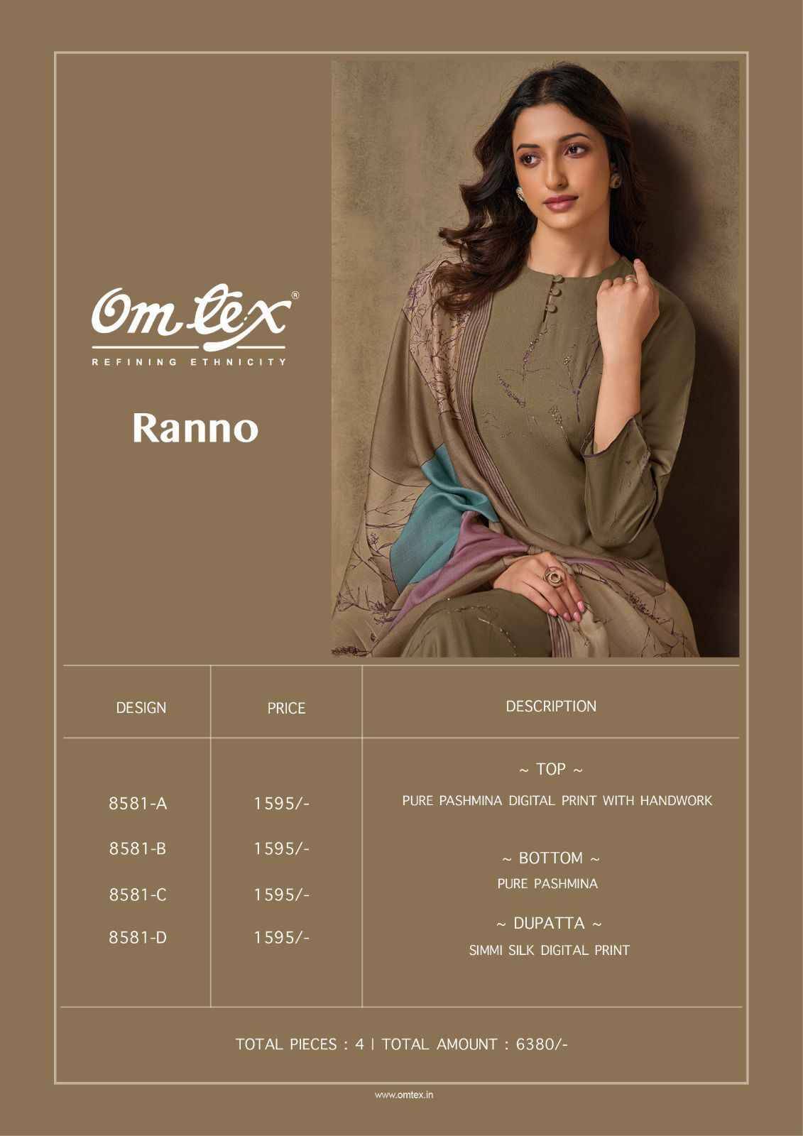 Ranno By Om Tex 8581-A To 8581-D Series Beautiful Festive Suits Colorful Stylish Fancy Casual Wear & Ethnic Wear Pure Pashmina Dresses At Wholesale Price
