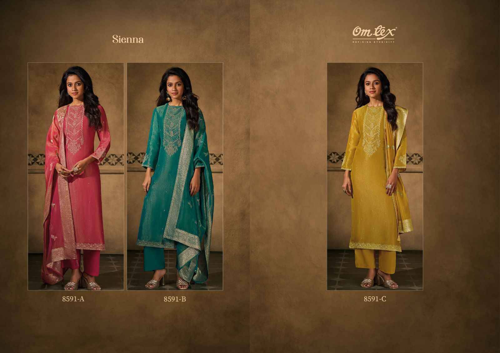 Sienna By Om Tex 8591-A To 8591-C Series Beautiful Festive Suits Colorful Stylish Fancy Casual Wear & Ethnic Wear Tissue Silk Dresses At Wholesale Price