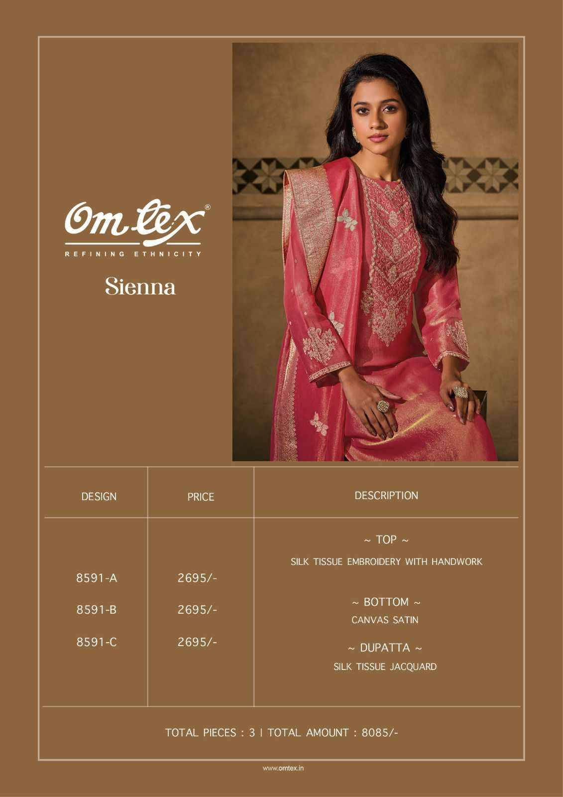 Sienna By Om Tex 8591-A To 8591-C Series Beautiful Festive Suits Colorful Stylish Fancy Casual Wear & Ethnic Wear Tissue Silk Dresses At Wholesale Price