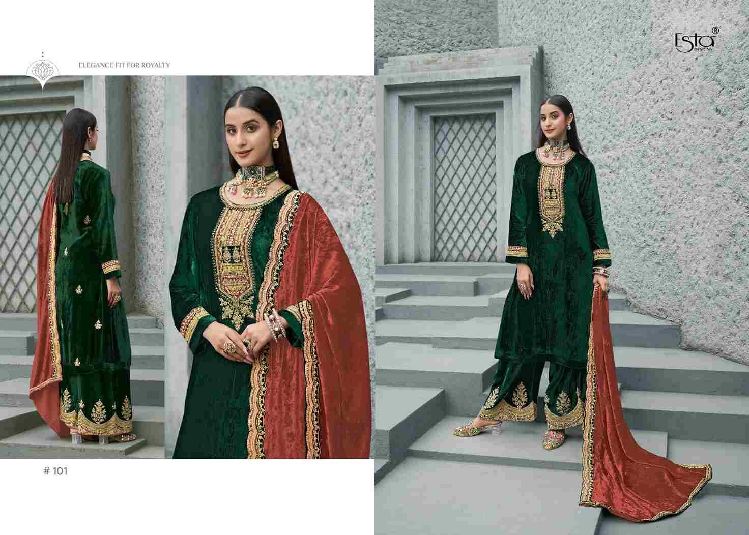 Husn By Esta Designs 101 To 106 Series Beautiful Festive Suits Colorful Stylish Fancy Casual Wear & Ethnic Wear Pure Silk Velvet Dresses At Wholesale Price
