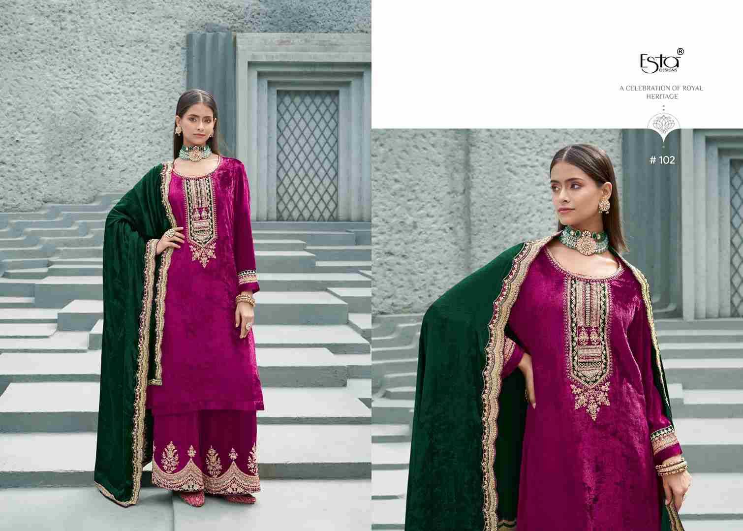 Husn By Esta Designs 101 To 106 Series Beautiful Festive Suits Colorful Stylish Fancy Casual Wear & Ethnic Wear Pure Silk Velvet Dresses At Wholesale Price