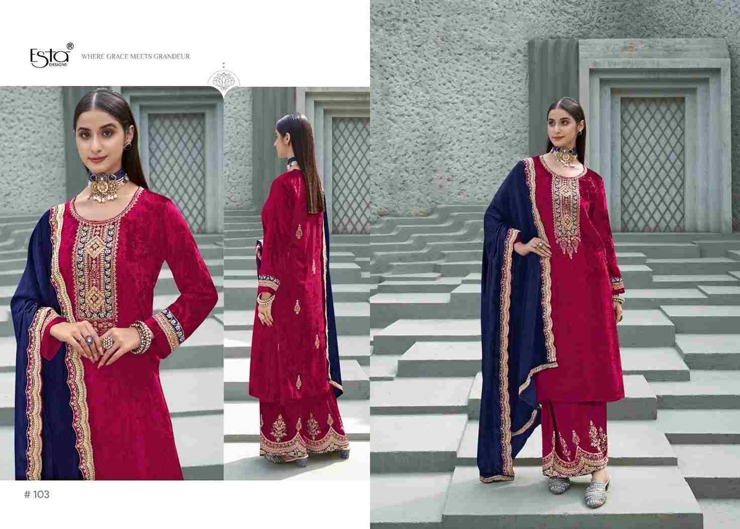 Husn By Esta Designs 101 To 106 Series Beautiful Festive Suits Colorful Stylish Fancy Casual Wear & Ethnic Wear Pure Silk Velvet Dresses At Wholesale Price