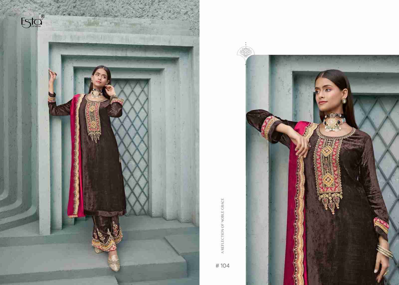 Husn By Esta Designs 101 To 106 Series Beautiful Festive Suits Colorful Stylish Fancy Casual Wear & Ethnic Wear Pure Silk Velvet Dresses At Wholesale Price