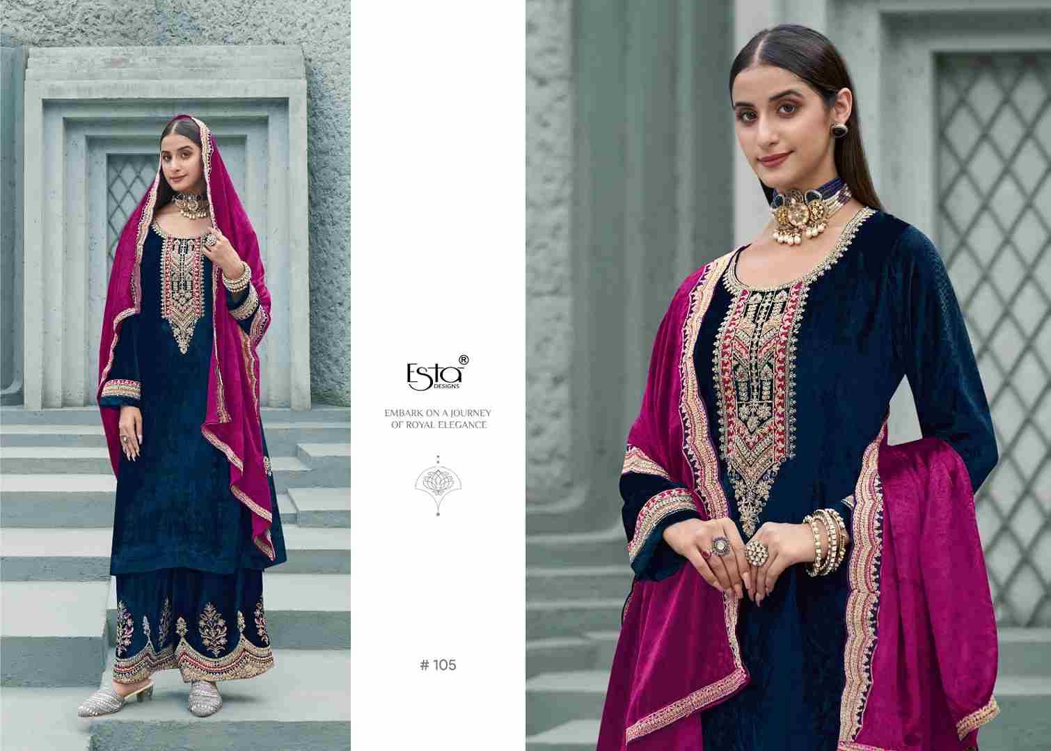 Husn By Esta Designs 101 To 106 Series Beautiful Festive Suits Colorful Stylish Fancy Casual Wear & Ethnic Wear Pure Silk Velvet Dresses At Wholesale Price