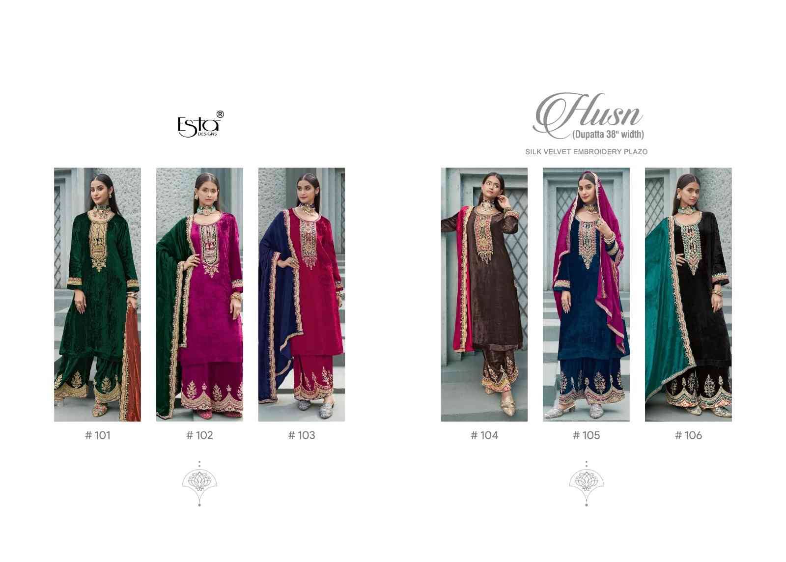 Husn By Esta Designs 101 To 106 Series Beautiful Festive Suits Colorful Stylish Fancy Casual Wear & Ethnic Wear Pure Silk Velvet Dresses At Wholesale Price
