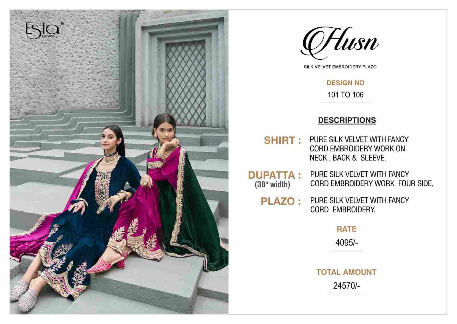 Husn By Esta Designs 101 To 106 Series Beautiful Festive Suits Colorful Stylish Fancy Casual Wear & Ethnic Wear Pure Silk Velvet Dresses At Wholesale Price