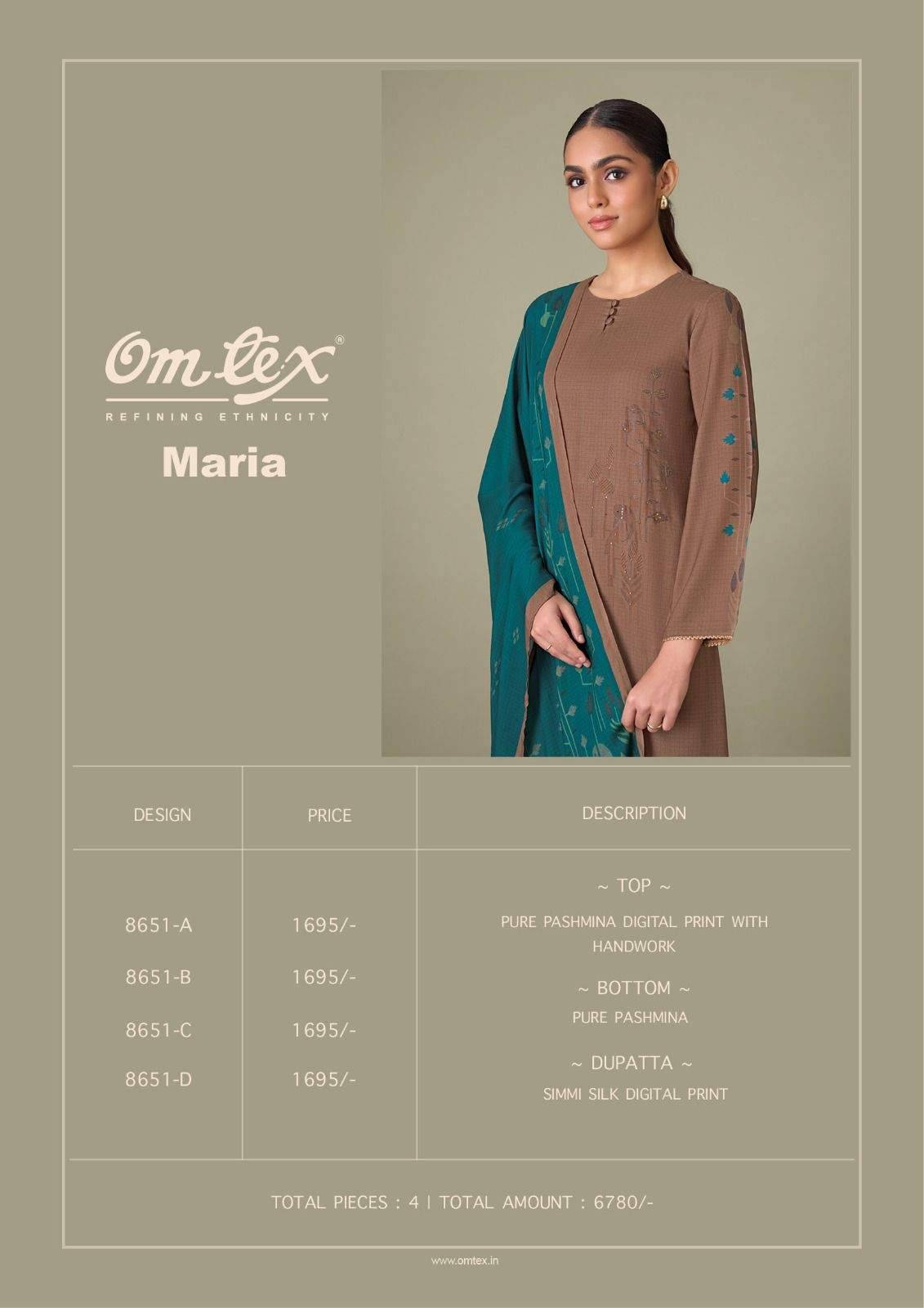 Maria By Om Tex 8651-A To 8651-D Series Beautiful Festive Suits Colorful Stylish Fancy Casual Wear & Ethnic Wear Pure Pashmina Dresses At Wholesale Price