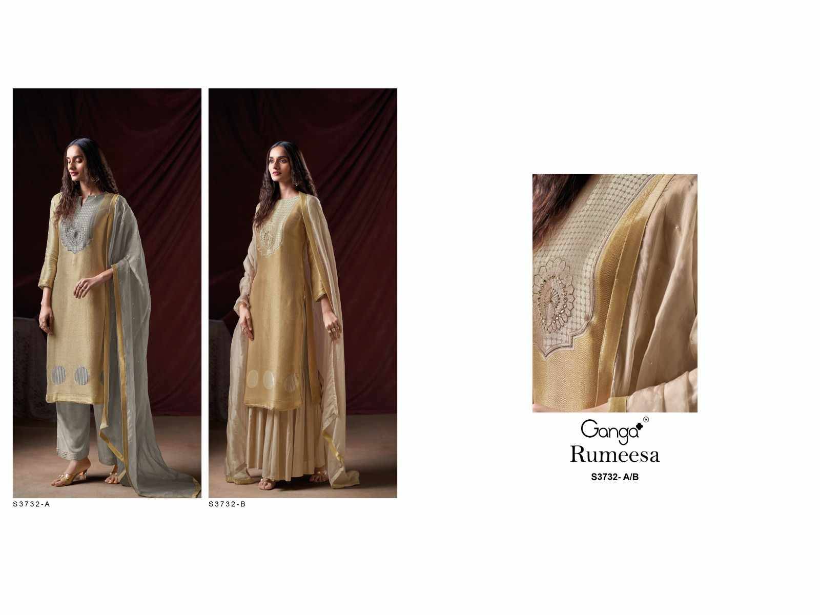 Rumeesa-3732 By Ganga Fashion 3732-A To 3732-B Series Beautiful Festive Suits Colorful Stylish Fancy Casual Wear & Ethnic Wear Pure Bemberg Silk Jacquard Dresses At Wholesale Price