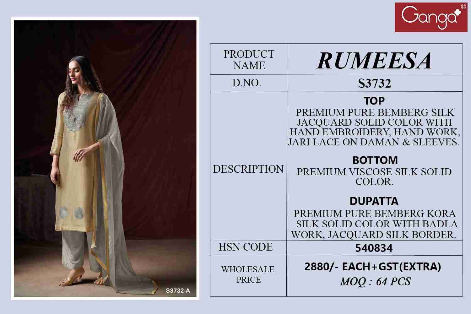 Rumeesa-3732 By Ganga Fashion 3732-A To 3732-B Series Beautiful Festive Suits Colorful Stylish Fancy Casual Wear & Ethnic Wear Pure Bemberg Silk Jacquard Dresses At Wholesale Price