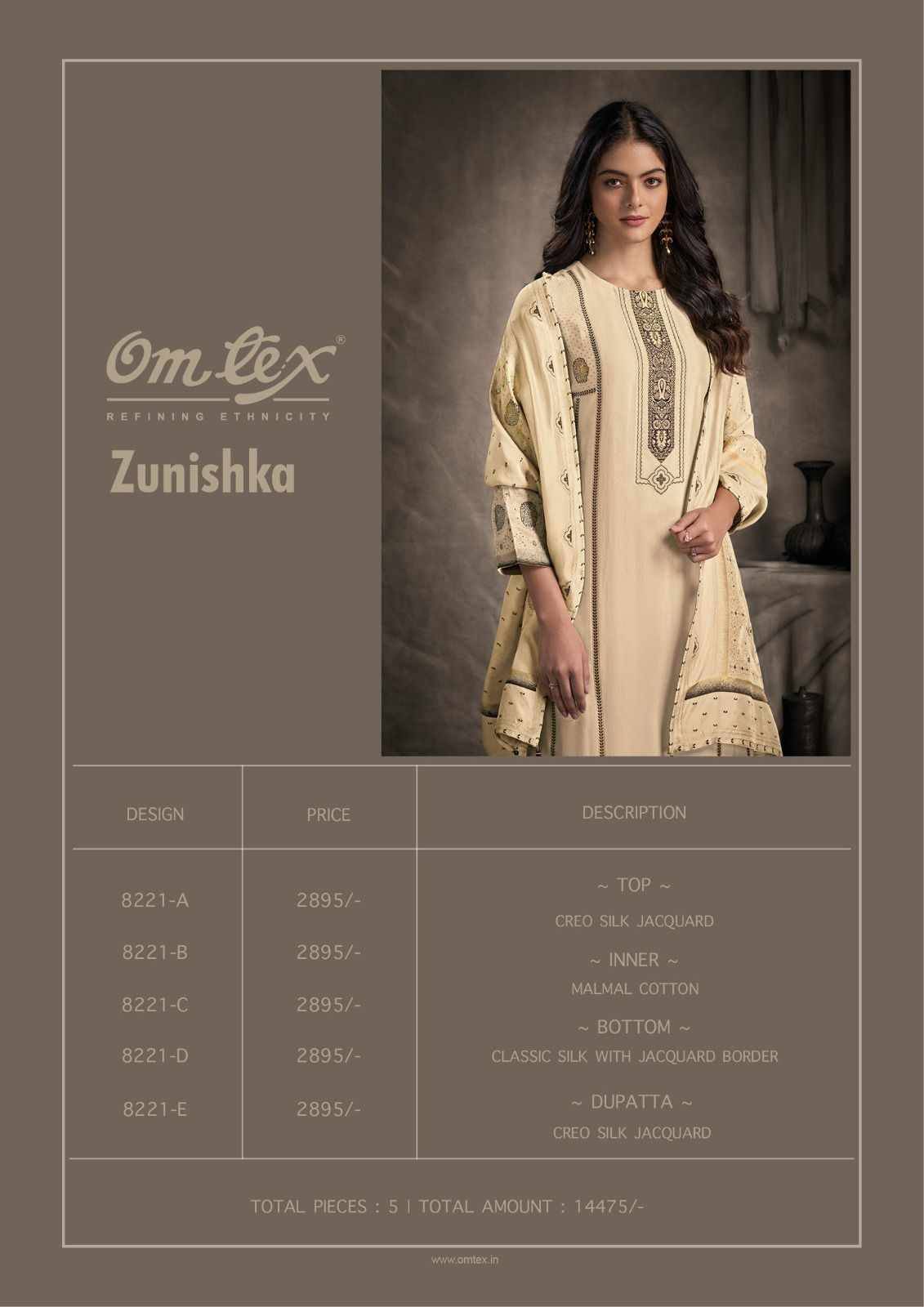 Zunishka By Om Tex 8221-A To 8221-E Series Beautiful Festive Suits Colorful Stylish Fancy Casual Wear & Ethnic Wear Jacquard Silk Dresses At Wholesale Price