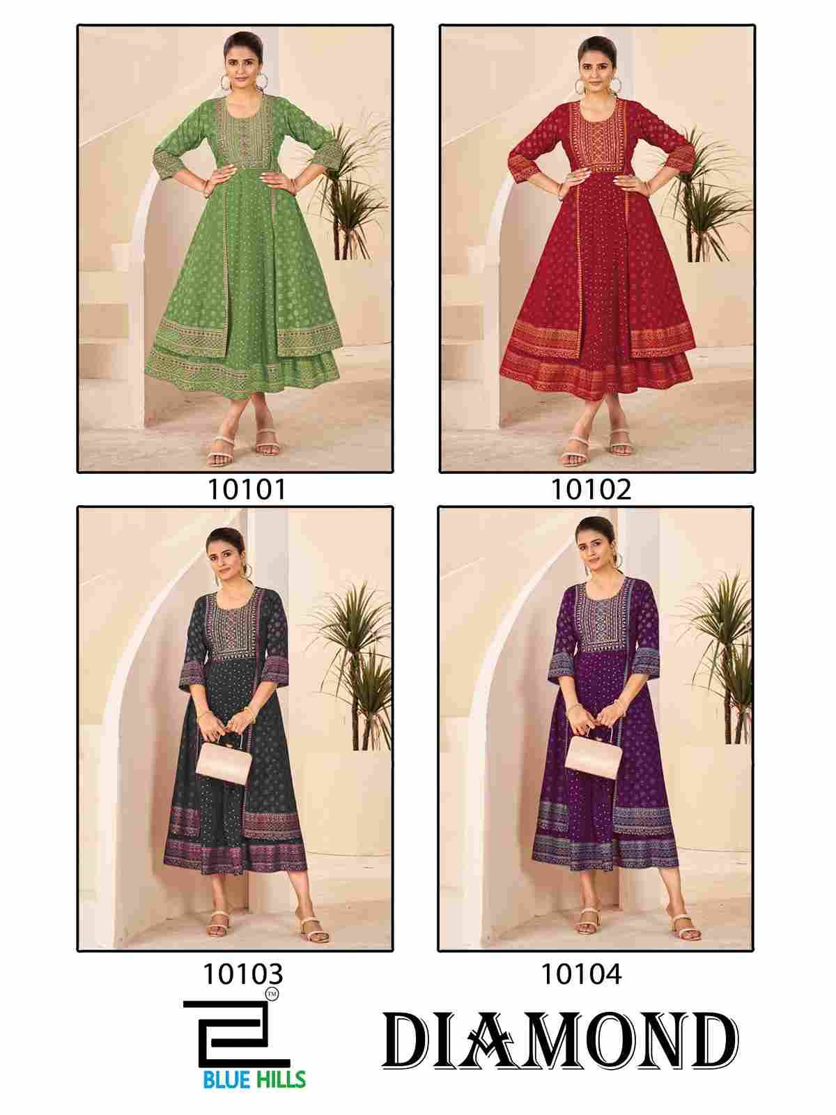 Diamond By Blue Hills 1001 To 1004 Series Beautiful Stylish Fancy Colorful Casual Wear & Ethnic Wear Rayon Foil Gowns At Wholesale Price