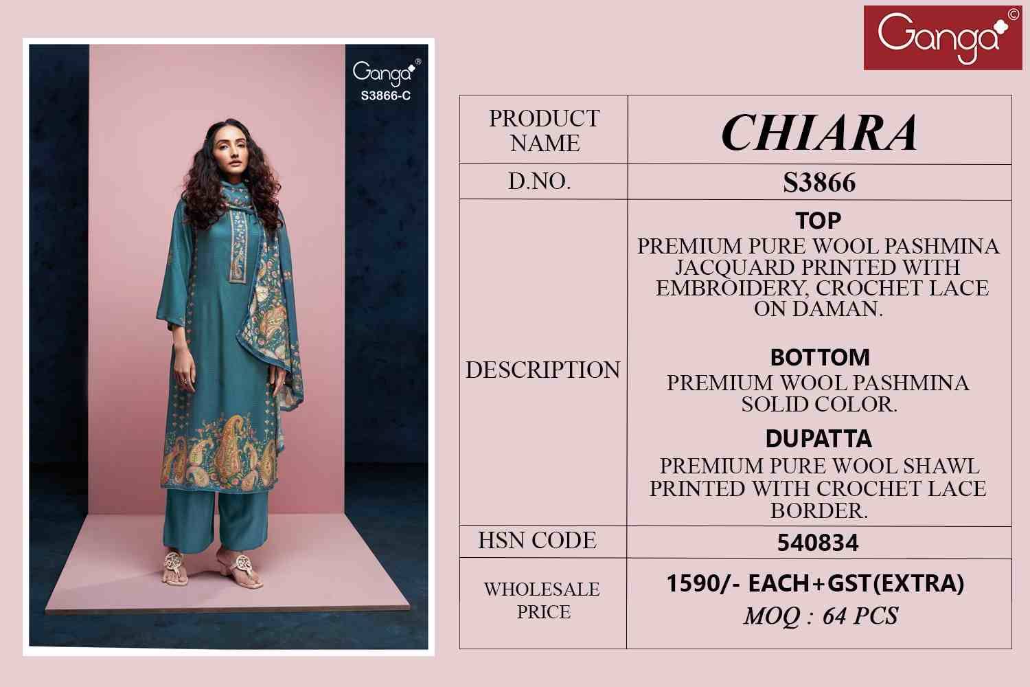 Chiara-3866 By Ganga Fashion 3866-A To 3866-D Series Beautiful Festive Suits Colorful Stylish Fancy Casual Wear & Ethnic Wear Pure Pashmina Dresses At Wholesale Price