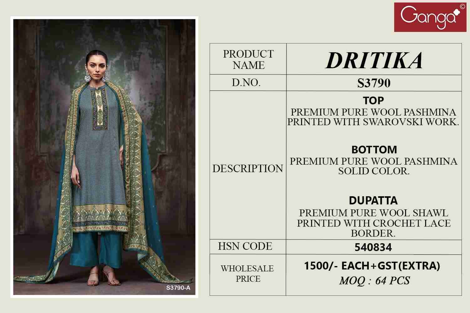 Dritika-3790 By Ganga Fashion 3790-A To 3790-D Series Beautiful Festive Suits Colorful Stylish Fancy Casual Wear & Ethnic Wear Pure Pashmina Dresses At Wholesale Price
