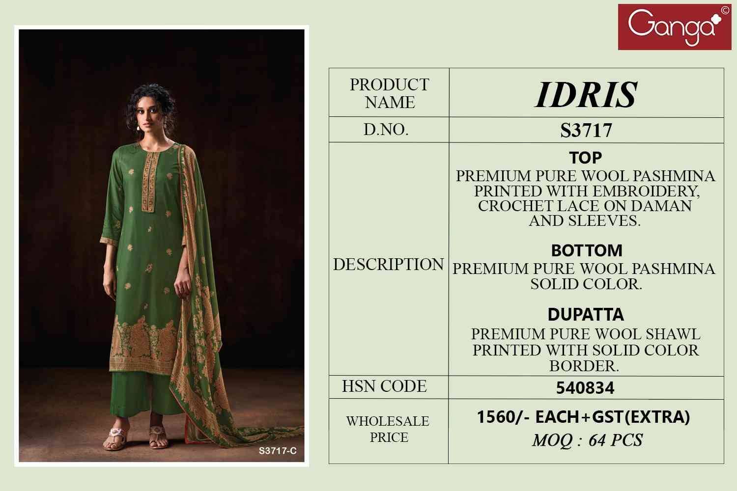 Idris-3717 By Ganga Fashion 3717-A To 3717-D Series Beautiful Festive Suits Colorful Stylish Fancy Casual Wear & Ethnic Wear Pure Pashmina Dresses At Wholesale Price