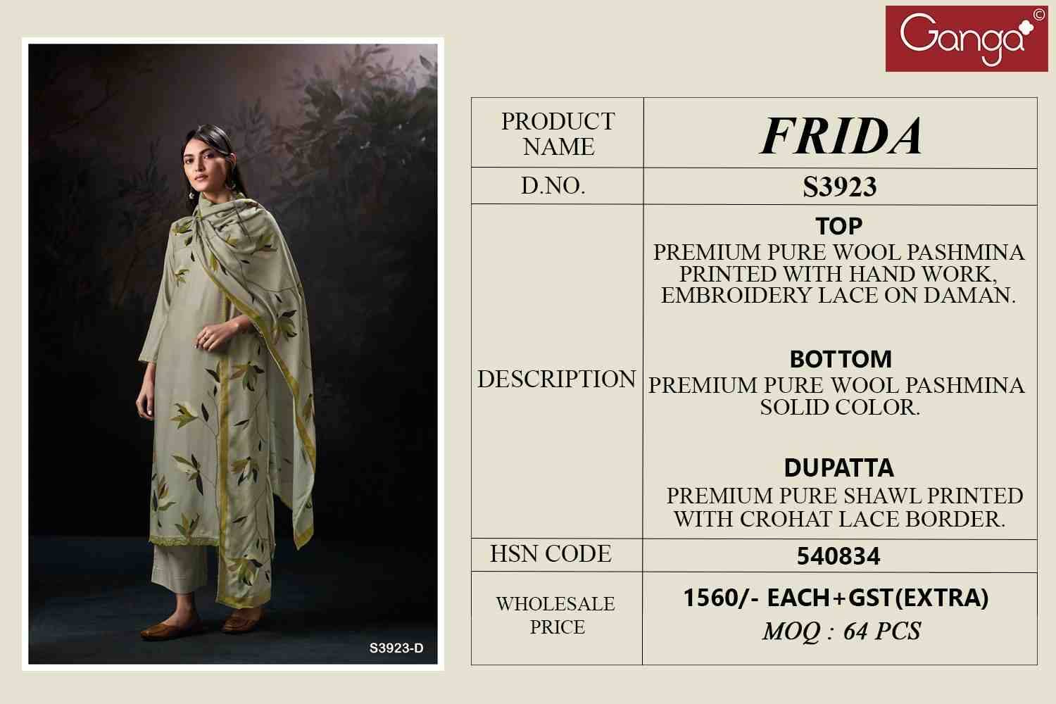 Frida-2923 By Ganga Fashion 3923-A To 3923-D Series Beautiful Festive Suits Colorful Stylish Fancy Casual Wear & Ethnic Wear Pure Pashmina Dresses At Wholesale Price