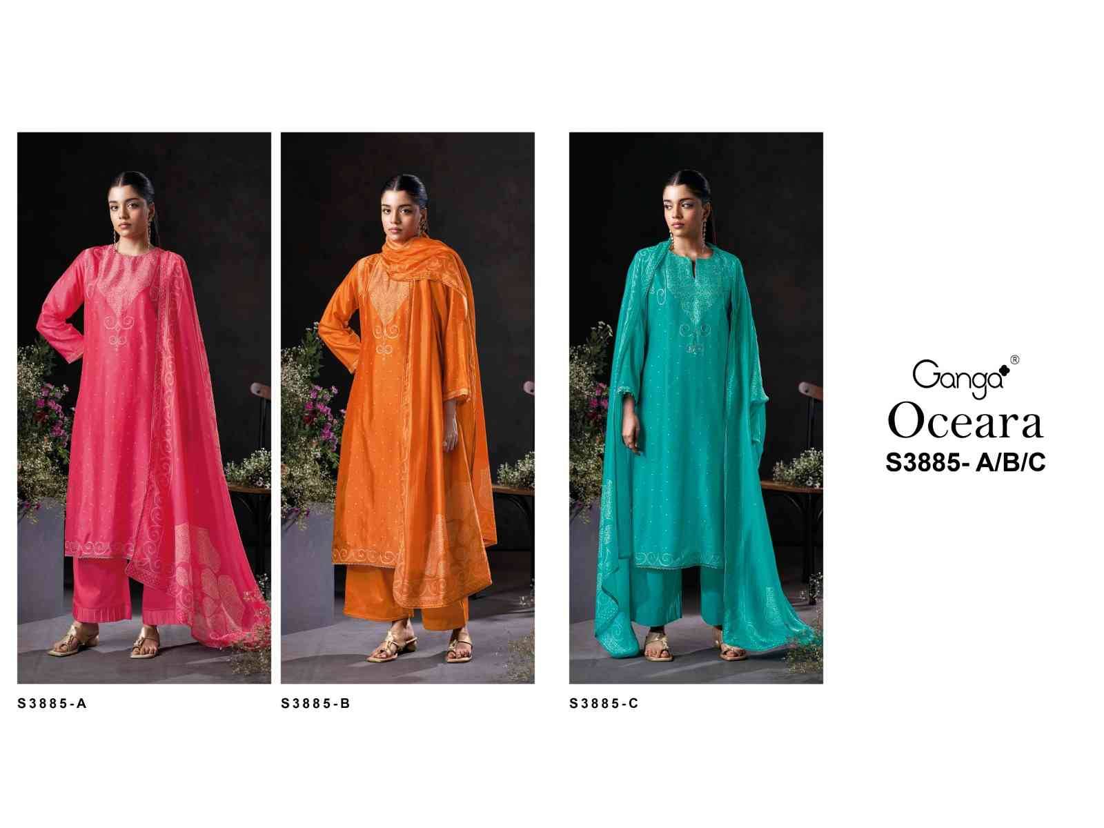 Oceara-3885 By Ganga Fashion 3885-A To 3885-C Series Beautiful Festive Suits Colorful Stylish Fancy Casual Wear & Ethnic Wear Pure Bemberg Silk Satin Dresses At Wholesale Price
