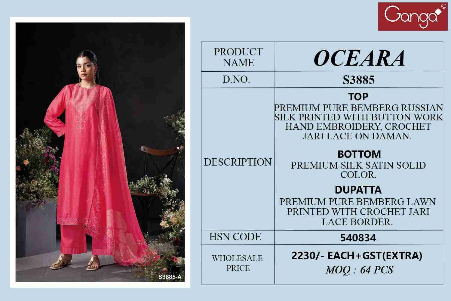 Oceara-3885 By Ganga Fashion 3885-A To 3885-C Series Beautiful Festive Suits Colorful Stylish Fancy Casual Wear & Ethnic Wear Pure Bemberg Silk Satin Dresses At Wholesale Price