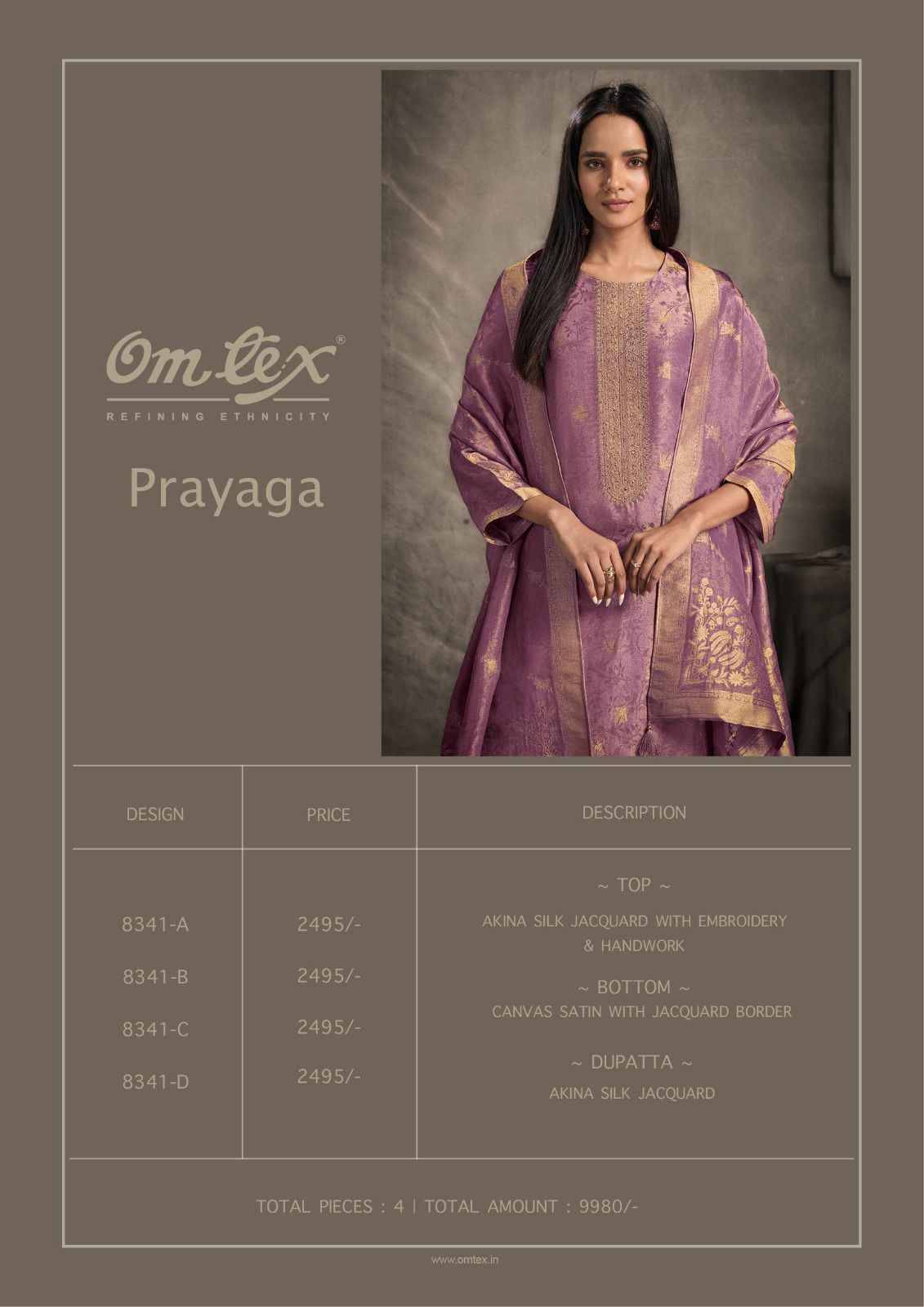 Prayaga By Om Tex 8341-A To 8341-D Series Beautiful Festive Suits Colorful Stylish Fancy Casual Wear & Ethnic Wear Jacquard Silk Dresses At Wholesale Price