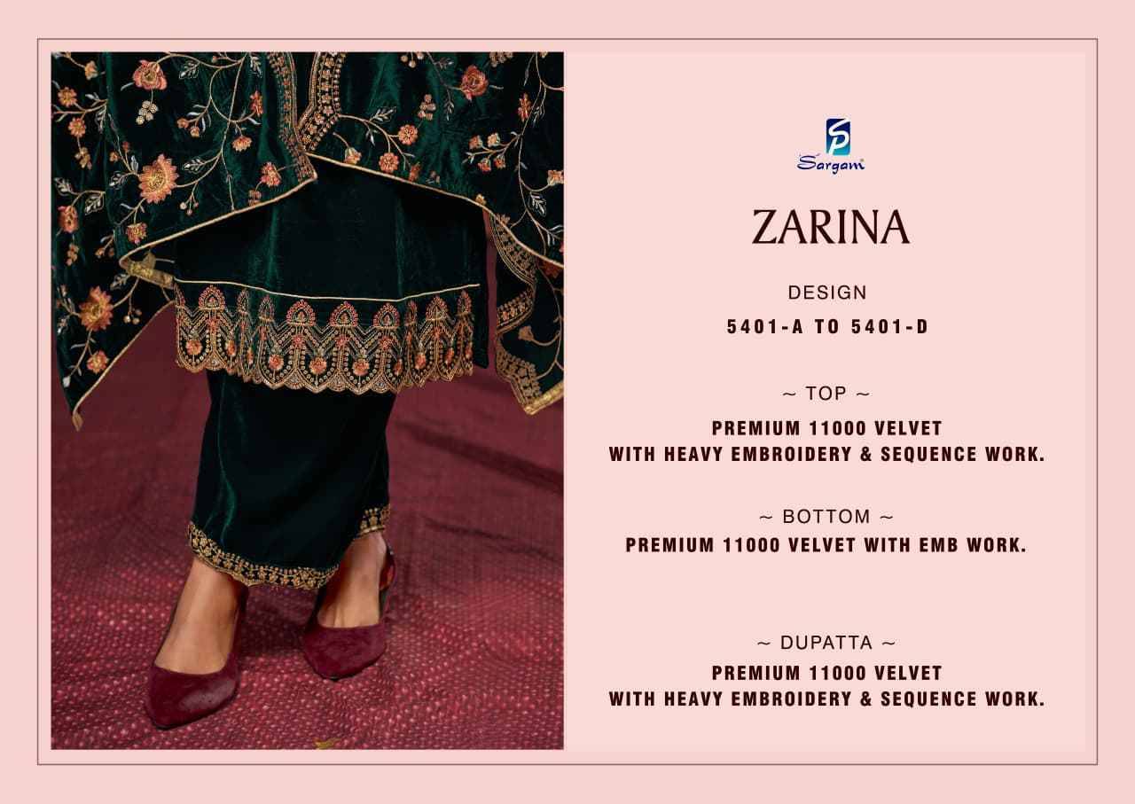 Zarina By Sargam Prints 5401-A To 5401-D Series Beautiful Festive Suits Stylish Fancy Colorful Casual Wear & Ethnic Wear Pure Velvet Dresses At Wholesale Price