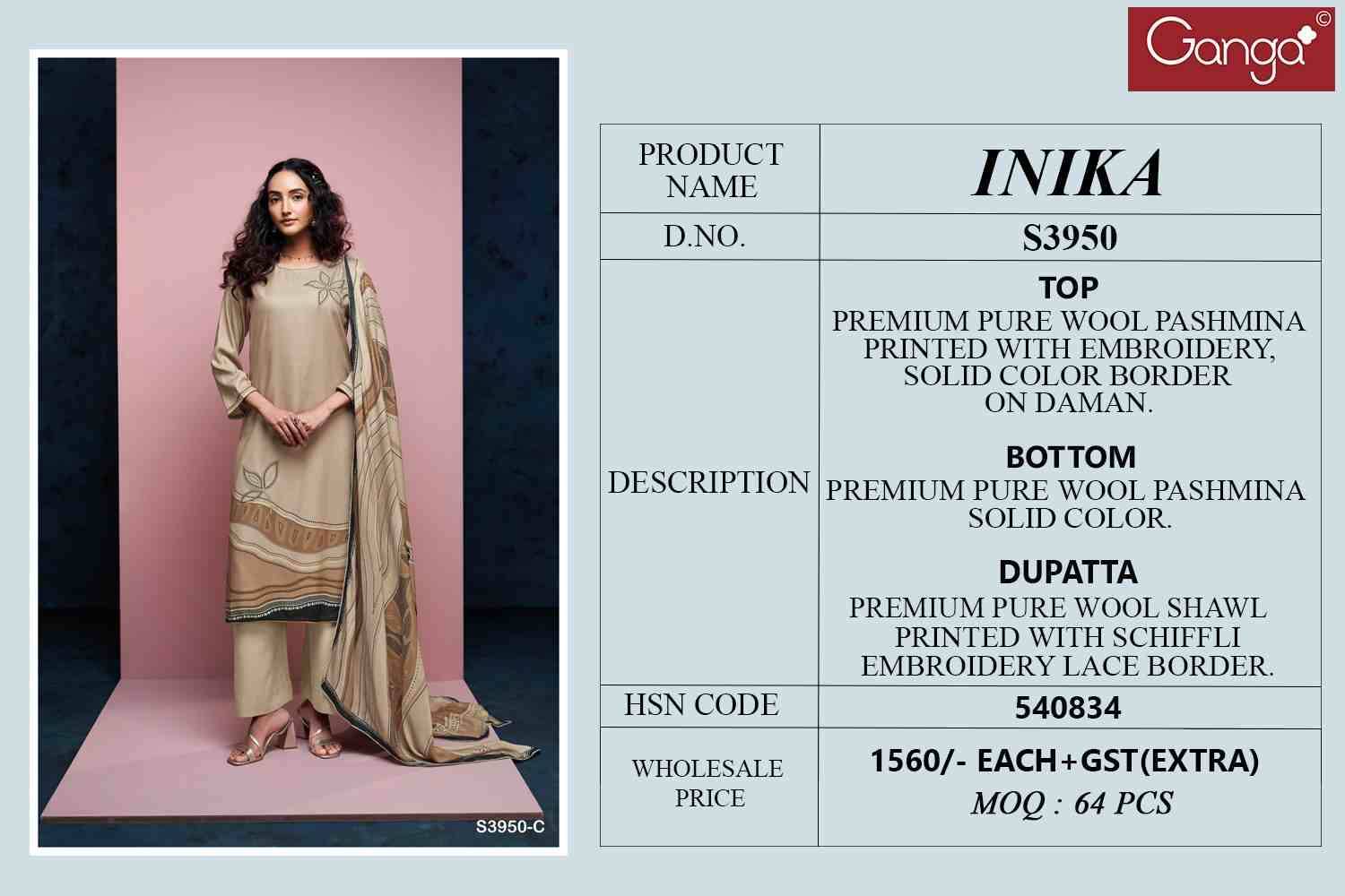 Inika-3950 By Ganga Fashion 3950-A To 3950-D Series Beautiful Festive Suits Colorful Stylish Fancy Casual Wear & Ethnic Wear Pure Pashmina Dresses At Wholesale Price