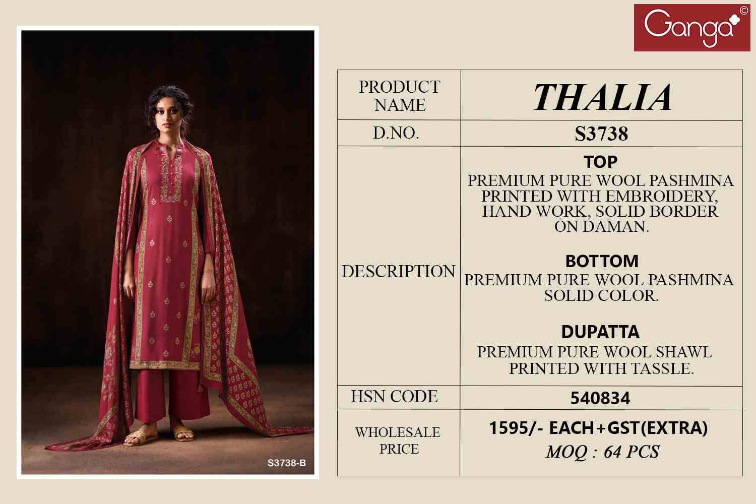 Thalia-3738 By Ganga Fashion 3738-A To 3738-D Series Beautiful Festive Suits Colorful Stylish Fancy Casual Wear & Ethnic Wear Pure Pashmina Dresses At Wholesale Price