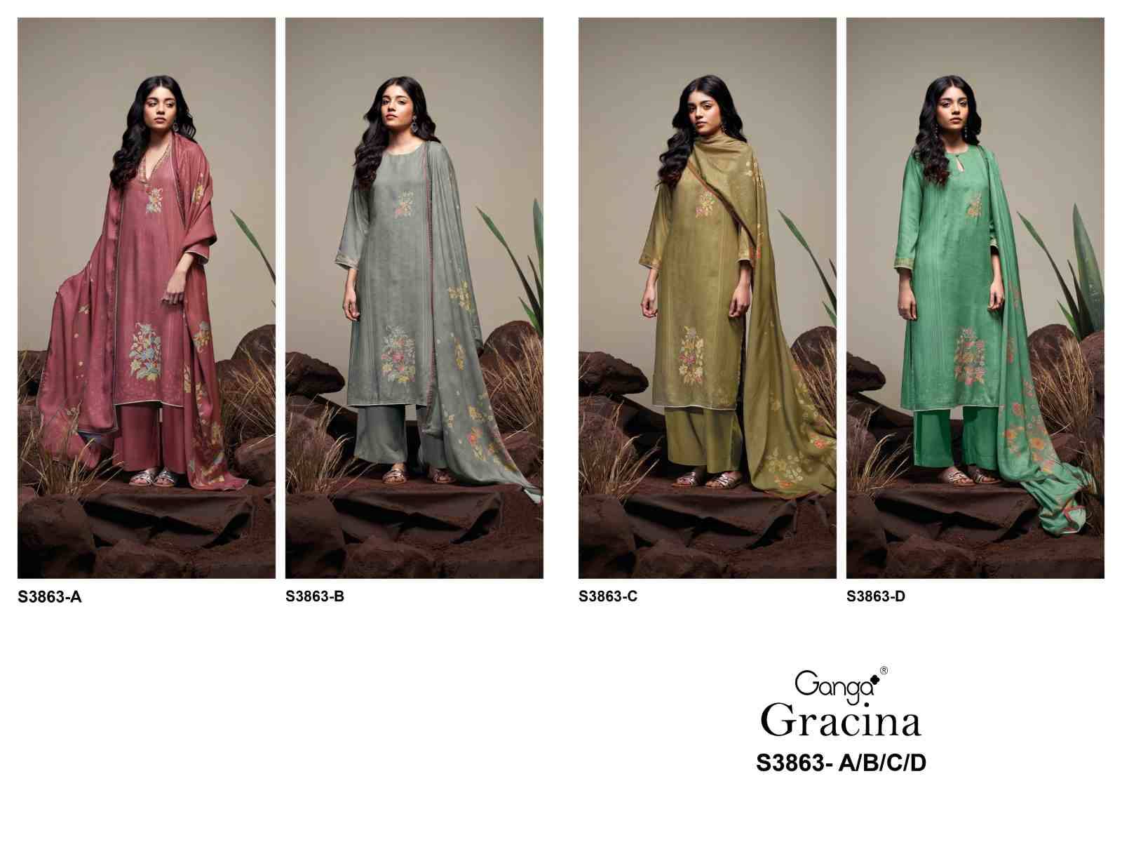 Gracina-3863 By Ganga Fashion 3863-A To 3863-D Series Beautiful Festive Suits Colorful Stylish Fancy Casual Wear & Ethnic Wear Pure Pashmina Dresses At Wholesale Price