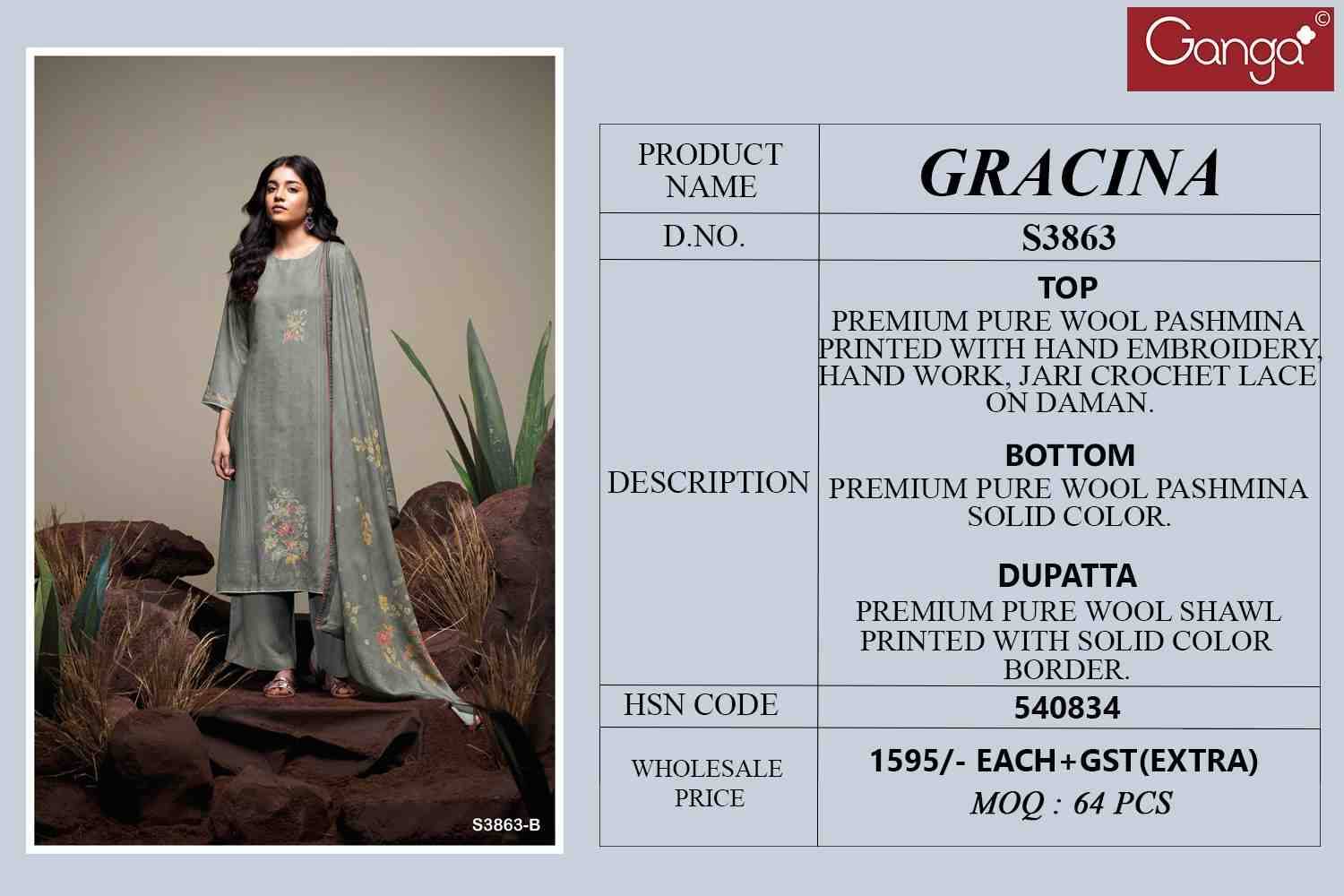 Gracina-3863 By Ganga Fashion 3863-A To 3863-D Series Beautiful Festive Suits Colorful Stylish Fancy Casual Wear & Ethnic Wear Pure Pashmina Dresses At Wholesale Price