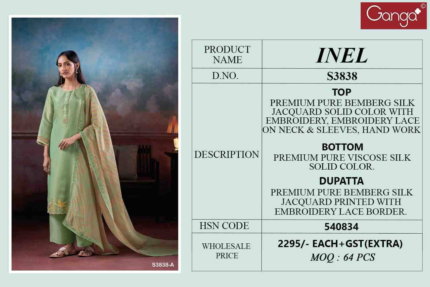 Inel-3838 By Ganga Fashion 3838-A To 3838-B Series Beautiful Festive Suits Colorful Stylish Fancy Casual Wear & Ethnic Wear Pure Bemberg Silk Jacquard Dresses At Wholesale Price