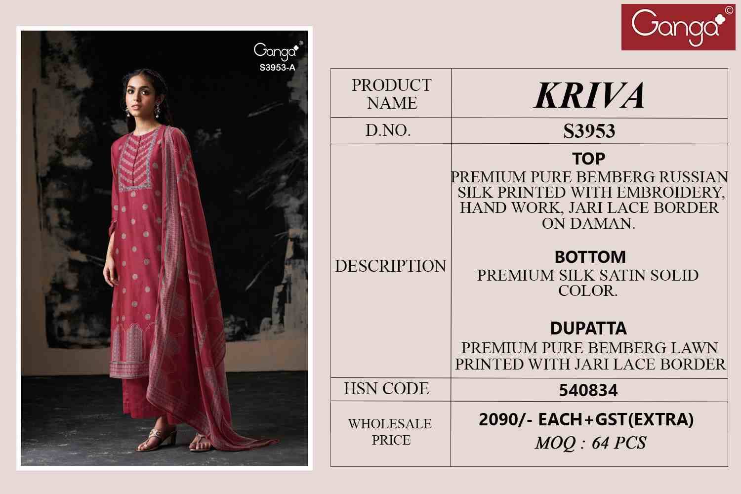 Kriva-3953 By Ganga Fashion 3953-A To 3953-B Series Beautiful Festive Suits Colorful Stylish Fancy Casual Wear & Ethnic Wear Pure Bemberg Silk Dresses At Wholesale Price