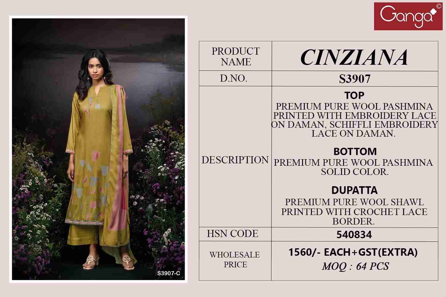 Cinziana-3907 By Ganga Fashion 3907-A To 3907-D Series Beautiful Festive Suits Colorful Stylish Fancy Casual Wear & Ethnic Wear Pure Pashmina Dresses At Wholesale Price