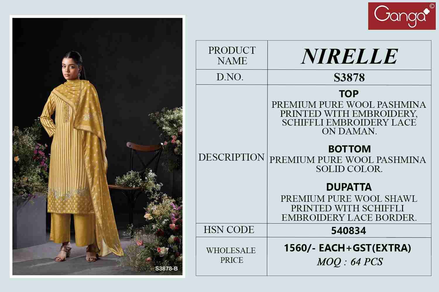 Nirelle-3878 By Ganga Fashion 3878-A To 3878-D Series Beautiful Festive Suits Colorful Stylish Fancy Casual Wear & Ethnic Wear Pure Pashmina Dresses At Wholesale Price
