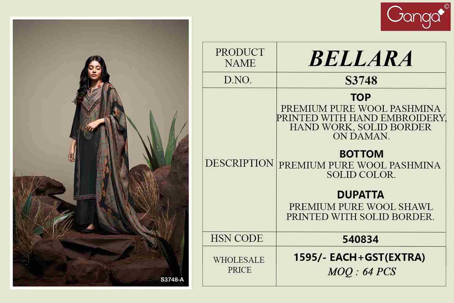 Belliza-3748 By Ganga Fashion 3748-A To 3748-D Series Beautiful Festive Suits Colorful Stylish Fancy Casual Wear & Ethnic Wear Pure Pashmina Dresses At Wholesale Price
