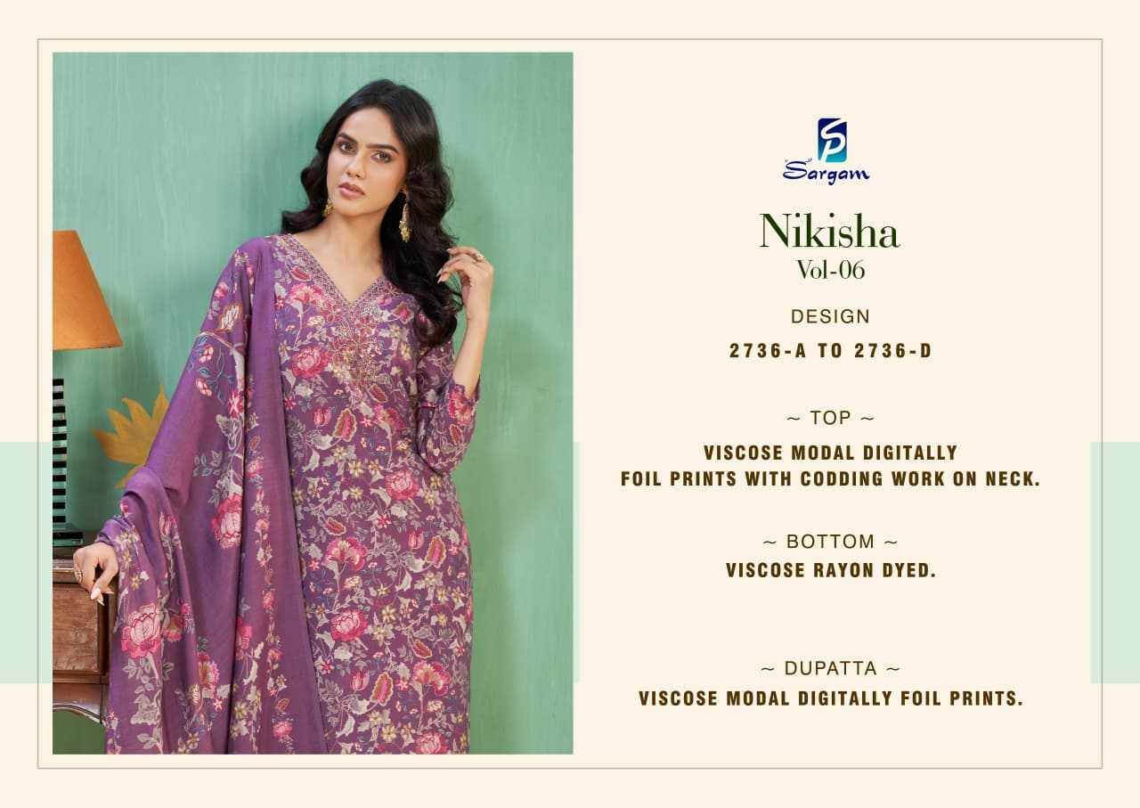 Nikisha Vol-6 By Sargam Prints 2736-A To 2736-D Series Beautiful Festive Suits Stylish Fancy Colorful Casual Wear & Ethnic Wear Viscose Modal Dresses At Wholesale Price