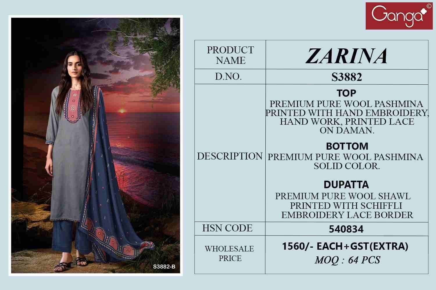 Zarina-3882 By Ganga Fashion 3882-A To 3882-D Series Beautiful Festive Suits Colorful Stylish Fancy Casual Wear & Ethnic Wear Pure Pashmina Dresses At Wholesale Price