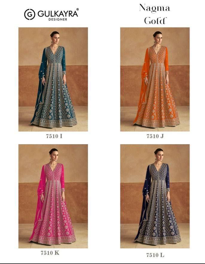 Nagma Gold By Gulkayra Designer 7510-I To 7510-L Series Designer Stylish Fancy Colorful Beautiful Party Wear & Ethnic Wear Collection Chinnon Gown With Bottom At Wholesale Price