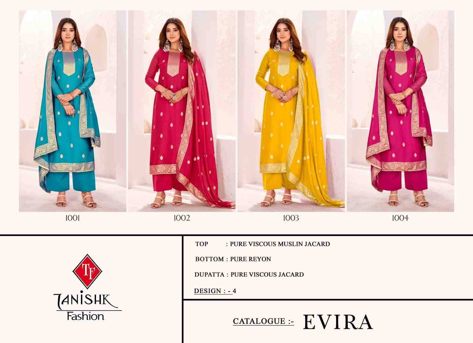 Evira By Tanishk Fashion 1001 To 1004 Series Beautiful Festive Suits Colorful Stylish Fancy Casual Wear & Ethnic Wear Muslin Jacquard Dresses At Wholesale Price
