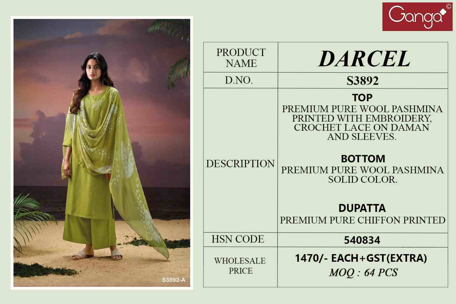 Darcel-3892 By Ganga Fashion 3892-A To 3892-D Series Beautiful Festive Suits Stylish Colorful Fancy Casual Wear & Ethnic Wear Premium Pashmina Print Dresses At Wholesale Price