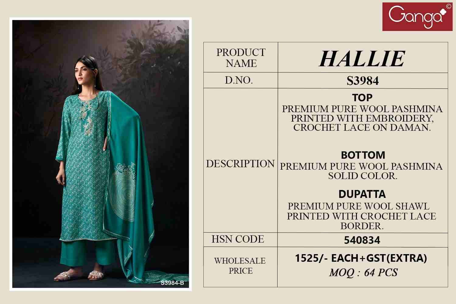 Hallie-3984 By Ganga Fashion 3984-A To 3984-D Series Beautiful Festive Suits Stylish Colorful Fancy Casual Wear & Ethnic Wear Premium Pashmina Print Dresses At Wholesale Price
