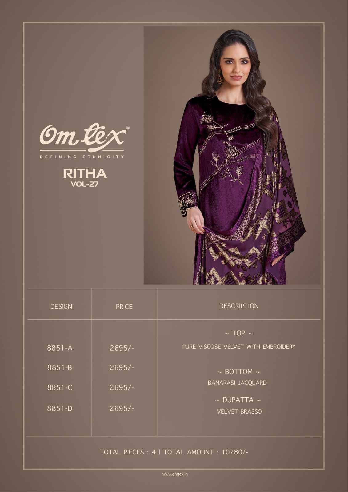Ritha Vol-27 By Om Tex 8851-A To 8851-D Series Beautiful Festive Suits Colorful Stylish Fancy Casual Wear & Ethnic Wear Viscose Velvet Dresses At Wholesale Price