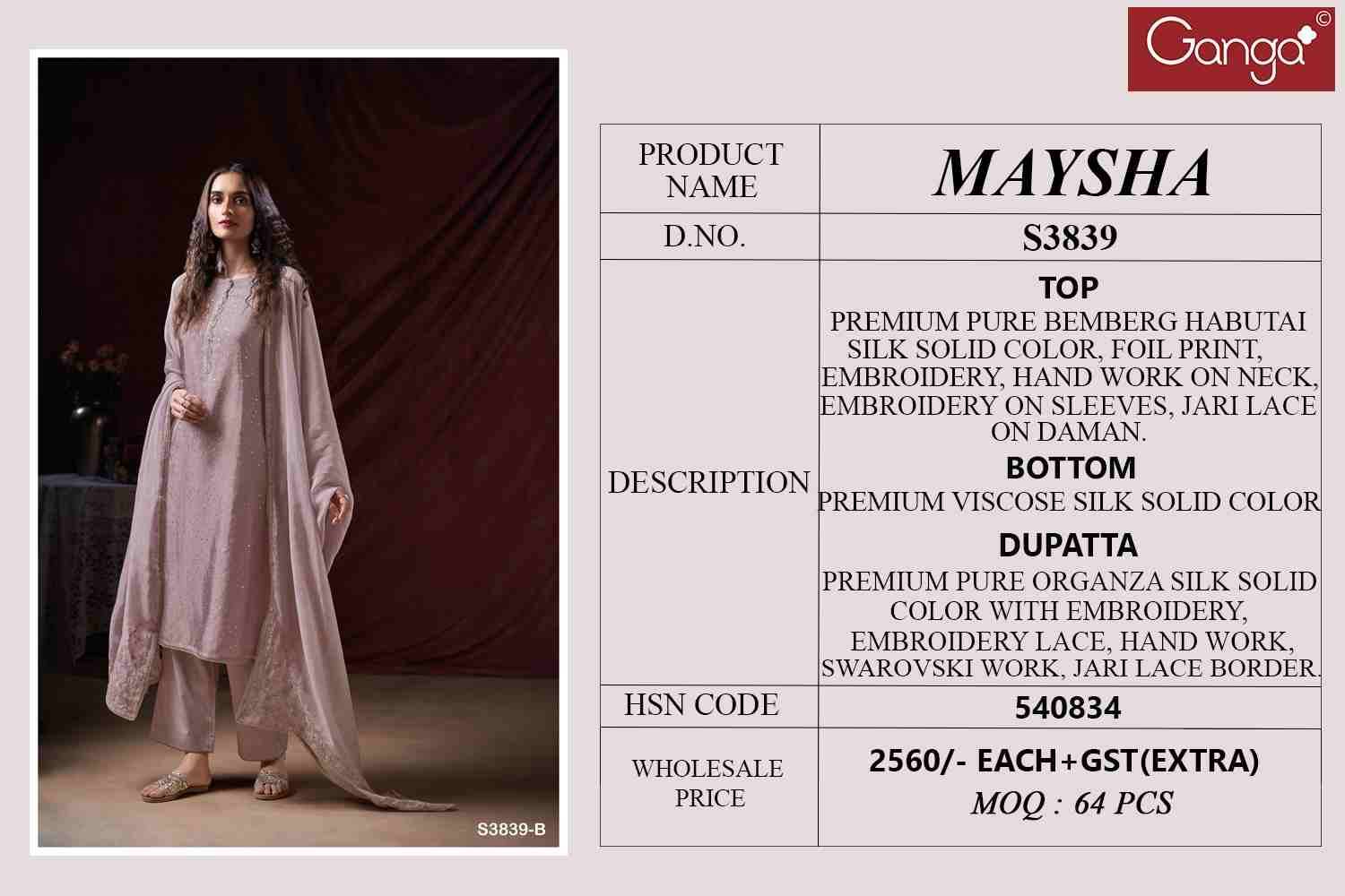 Maysha-3839 By Ganga Fashion 3839-A To 3839-B Series Beautiful Festive Suits Stylish Colorful Fancy Casual Wear & Ethnic Wear Premium Bemberg Silk Print Dresses At Wholesale Price