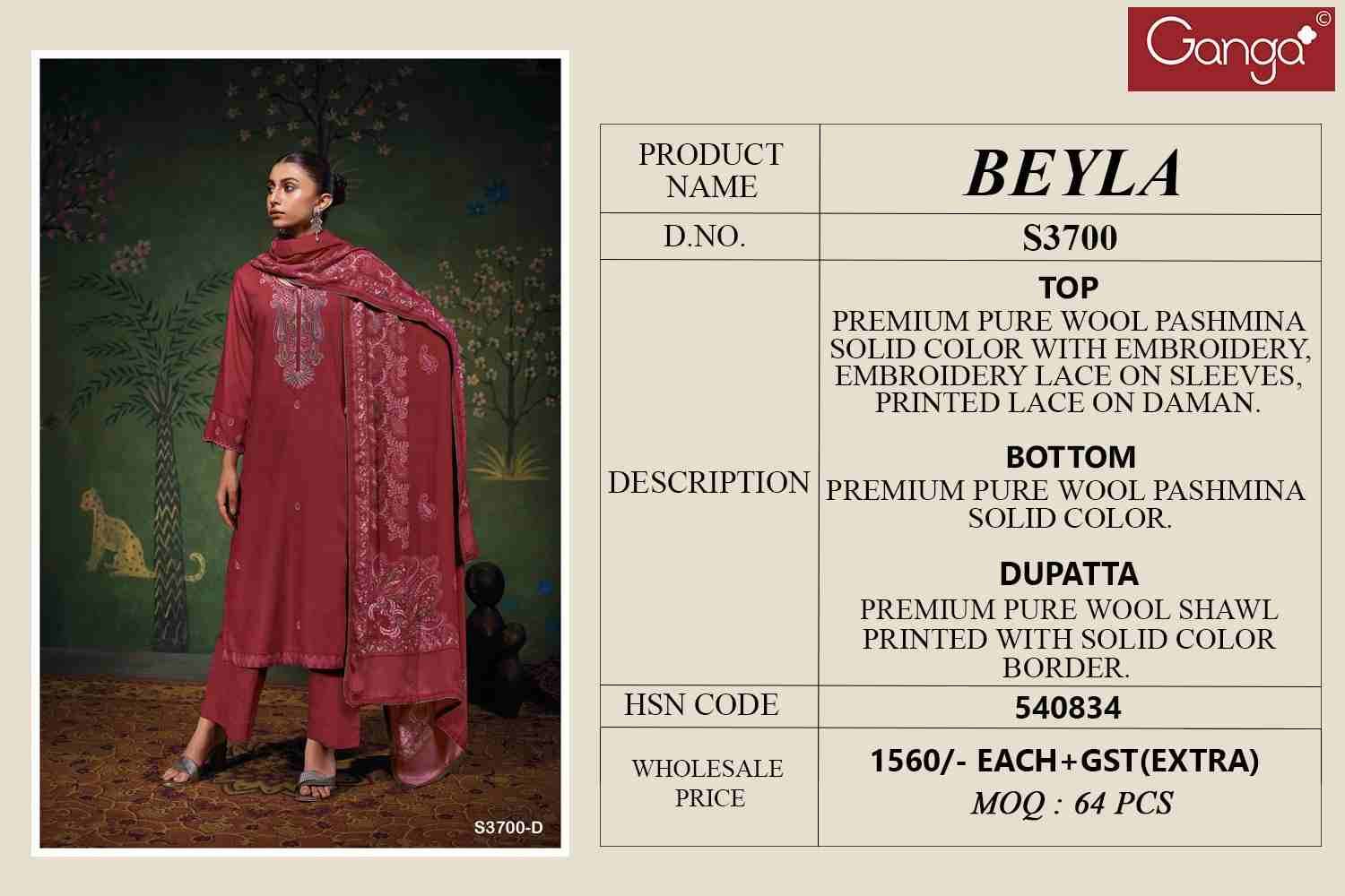 Beyla-3700 By Ganga Fashion 3700-A To 3700-D Series Beautiful Festive Suits Stylish Colorful Fancy Casual Wear & Ethnic Wear Premium Pashmina Print Dresses At Wholesale Price