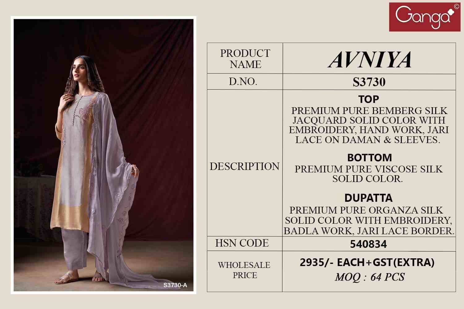 Avniya-3730 By Ganga Fashion 3730-A To 3730-B Series Beautiful Festive Suits Stylish Colorful Fancy Casual Wear & Ethnic Wear Premium Bemberg Silk Print Dresses At Wholesale Price