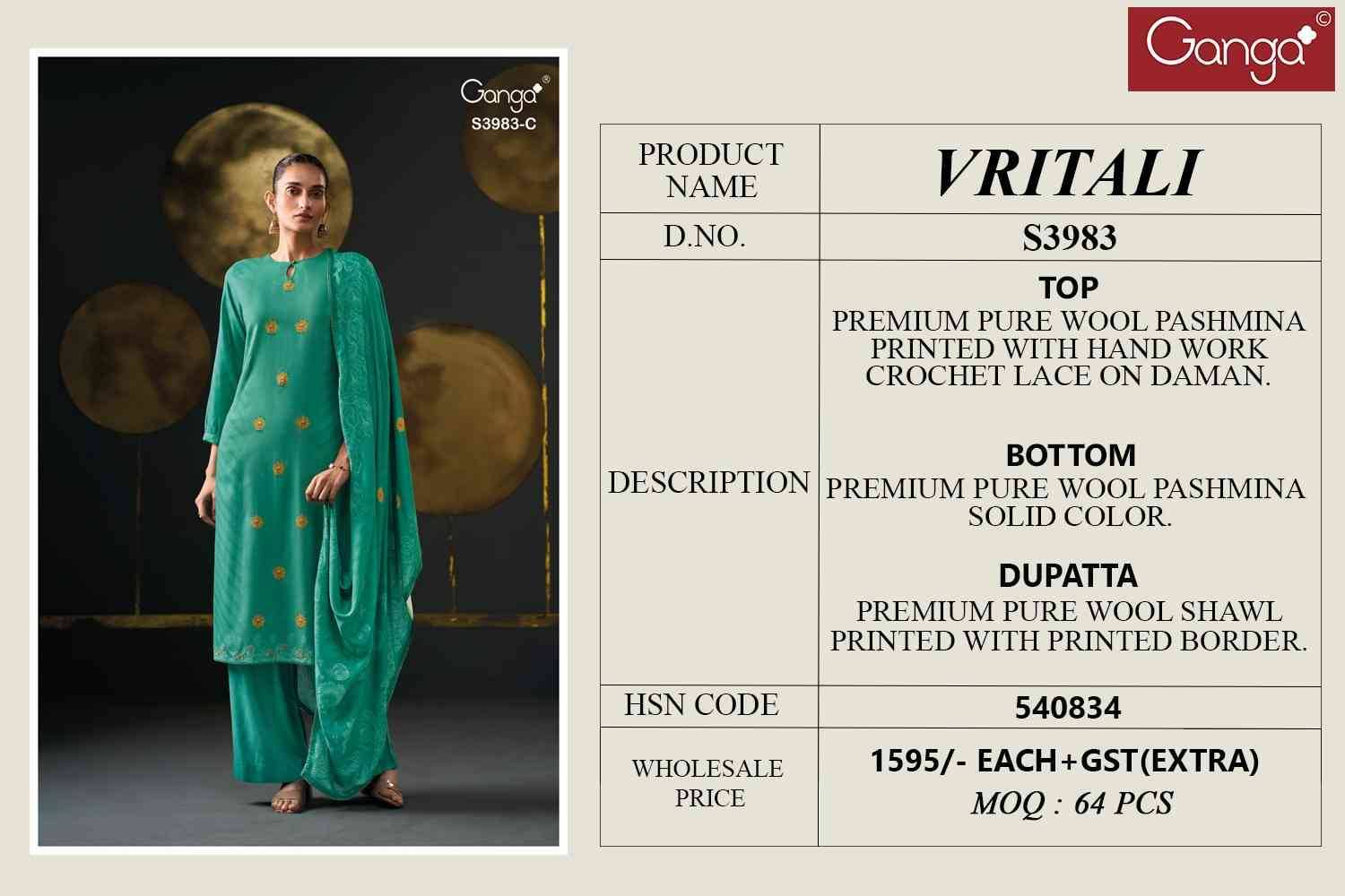 Vritali-3983 By Ganga Fashion 3983-A To 3983-D Series Beautiful Festive Suits Stylish Colorful Fancy Casual Wear & Ethnic Wear Premium Pashmina Print Dresses At Wholesale Price