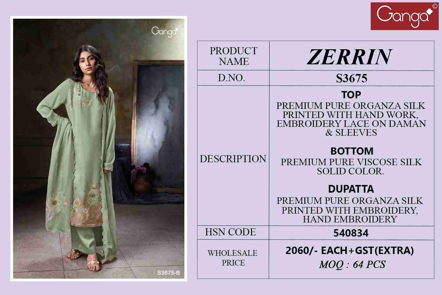 Zerrin-3675 By Ganga Fashion 3675-A To 3675-B Series Beautiful Festive Suits Stylish Colorful Fancy Casual Wear & Ethnic Wear Premium Organza Silk Print Dresses At Wholesale Price
