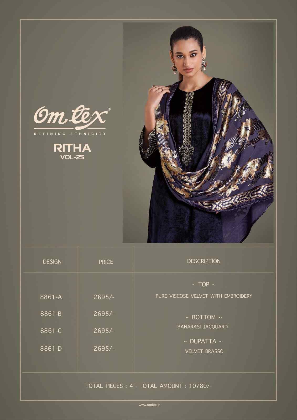 Ritha Vol-25 By Om Tex 8861-A To 8861-D Series Beautiful Festive Suits Colorful Stylish Fancy Casual Wear & Ethnic Wear Viscose Velvet Dresses At Wholesale Price