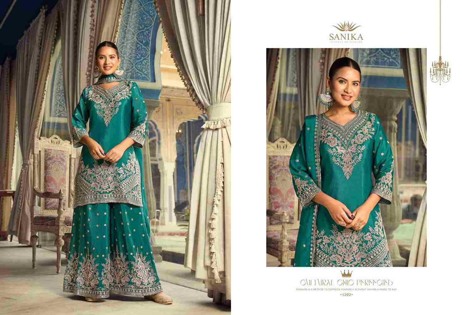 Rithika By Sanika 1201 To 1203 Series Beautiful Sharara Suits Stylish Fancy Colorful Party Wear & Occasional Wear Premium Chinnon Silk Dresses At Wholesale Price