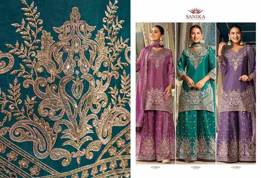 Rithika By Sanika 1201 To 1203 Series Beautiful Sharara Suits Stylish Fancy Colorful Party Wear & Occasional Wear Premium Chinnon Silk Dresses At Wholesale Price