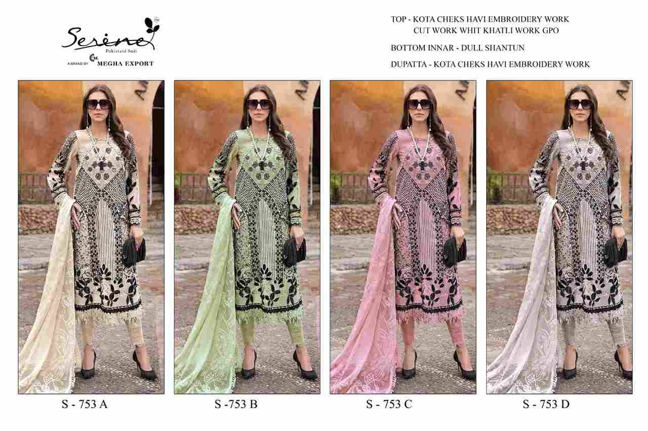 Serene Hit Design S-753 Colours By Serene S-753-A To S-753-D Series Designer Pakistani Suits Beautiful Fancy Colorful Stylish Party Wear & Occasional Wear Pure Kota Checks Embroidered Dresses At Wholesale Price