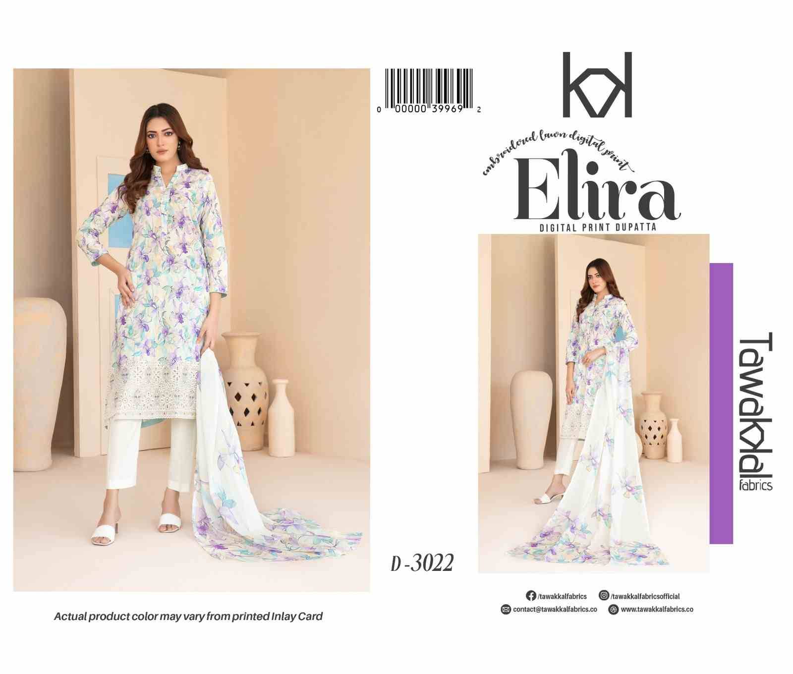Original Pakistani Elira By Tawakkal Fab 3019 To 3026 Series Beautiful Pakistani Suits Colorful Stylish Fancy Casual Wear & Ethnic Wear Lawn Dresses At Wholesale Price